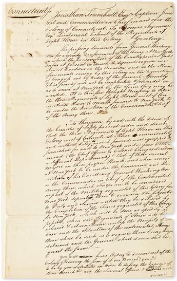 (AMERICAN REVOLUTION.) TRUMBULL, JONATHAN. Autograph Document Signed, Jonth Trumbull, as Colonial Governor of Connecticut, ordering